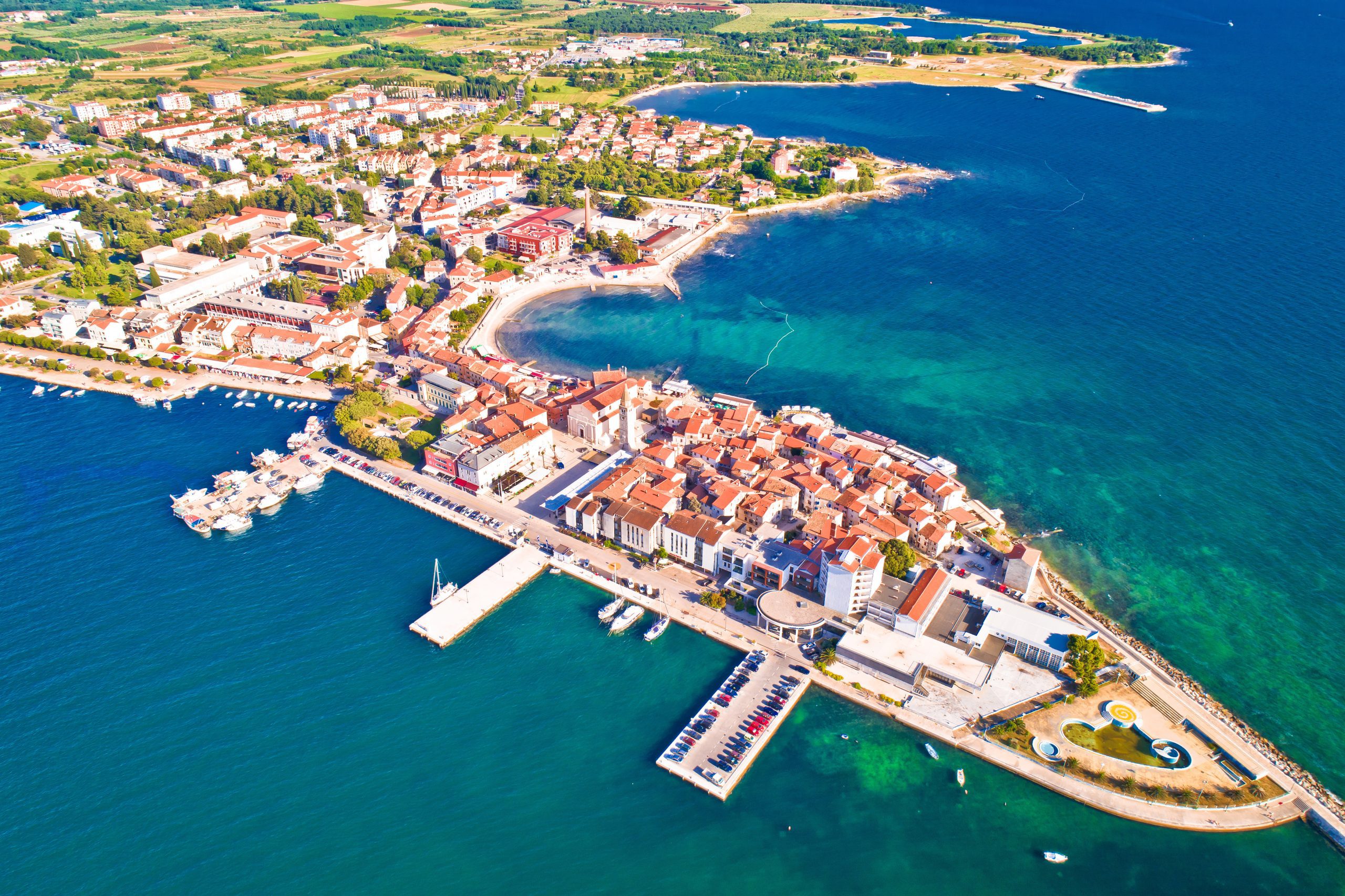 Town of Umag historic coastline aerial view, archipelago of Istria region, Croatia